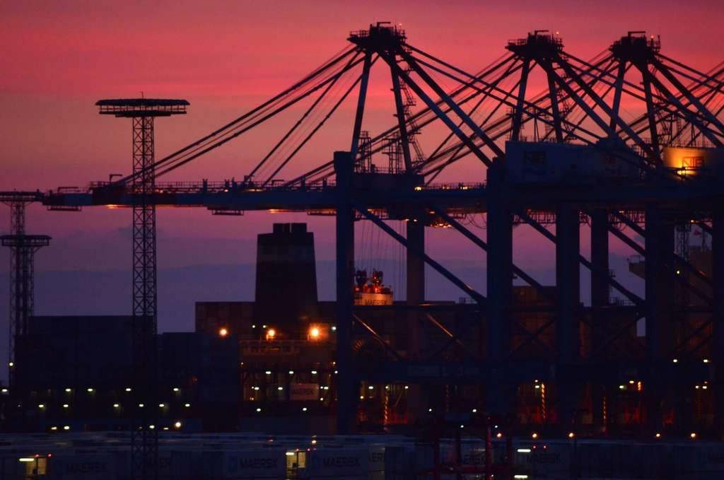 Port gantry cranes at dusk