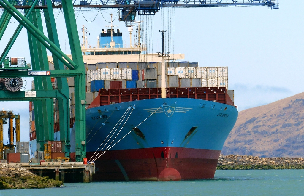 Container ship loading at a port terminal